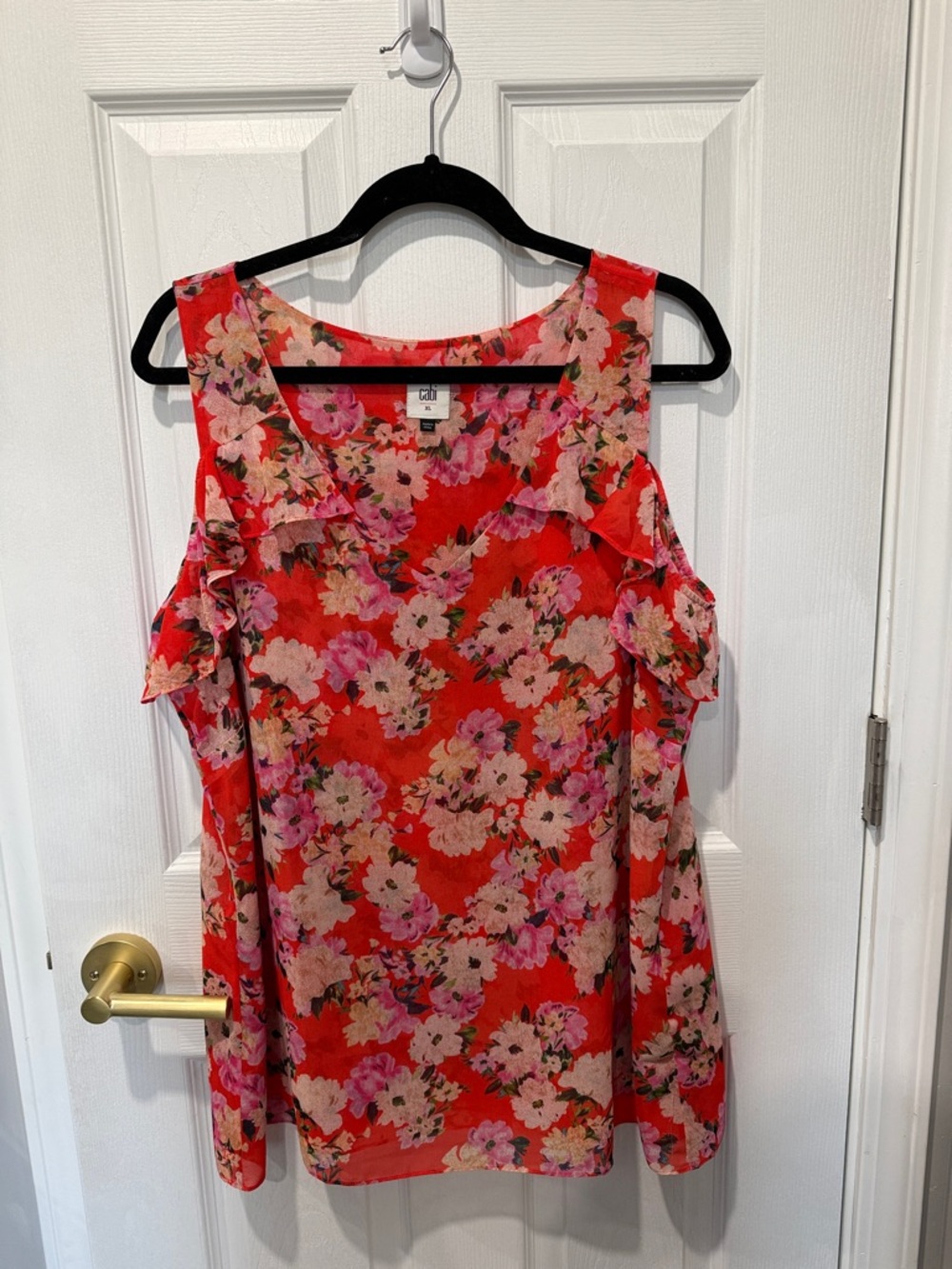 CAbi Red Pink Floral Lush Cold-Shoulder Tank